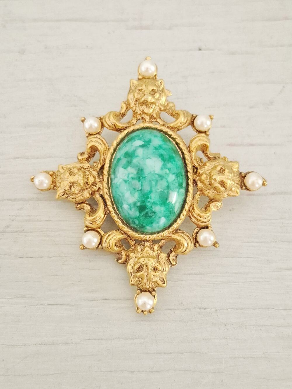 Faux Jade and Pearl Gold-tone Brooch